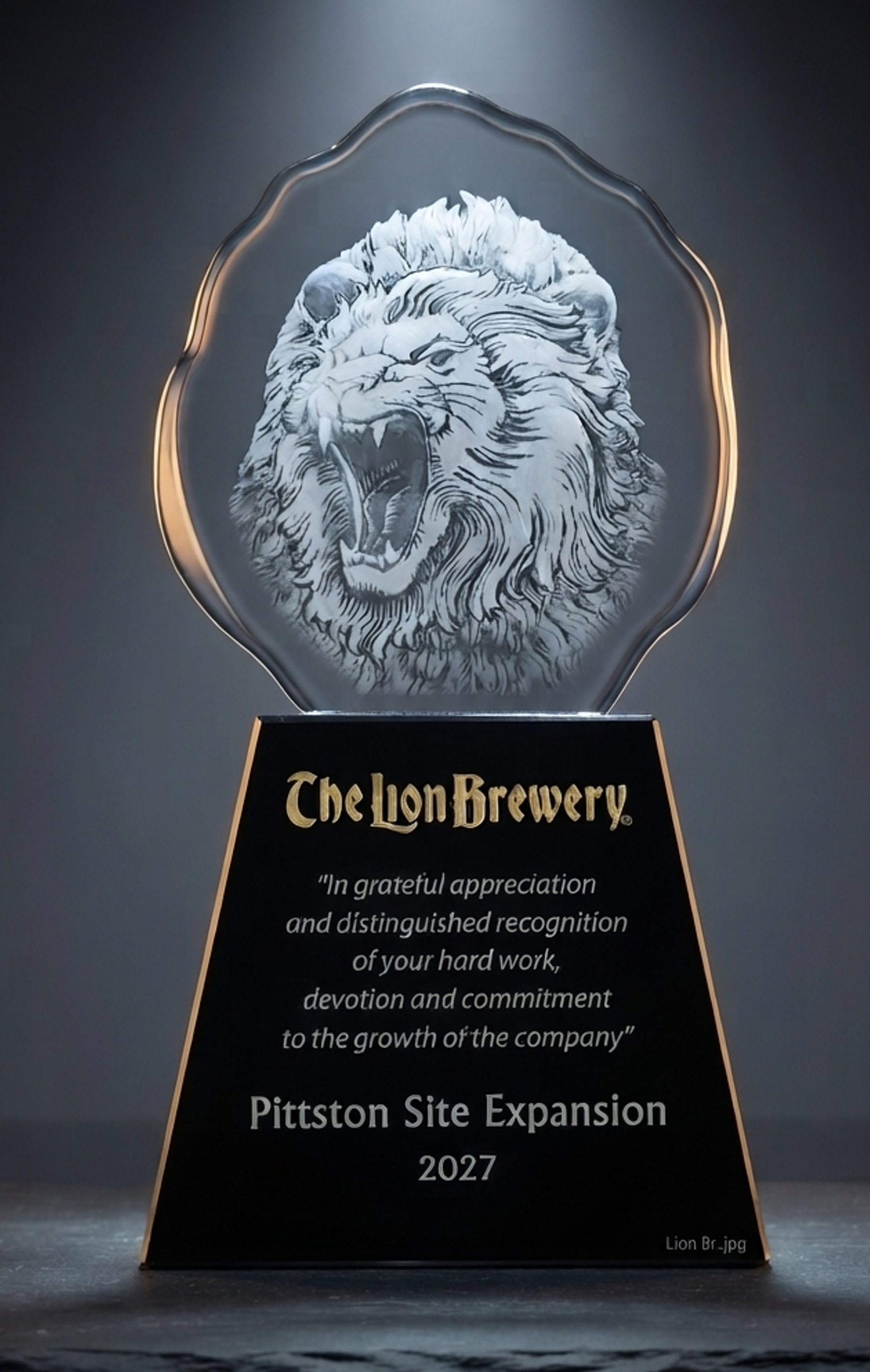 Crystal lion-head award design from the Rush Order collection