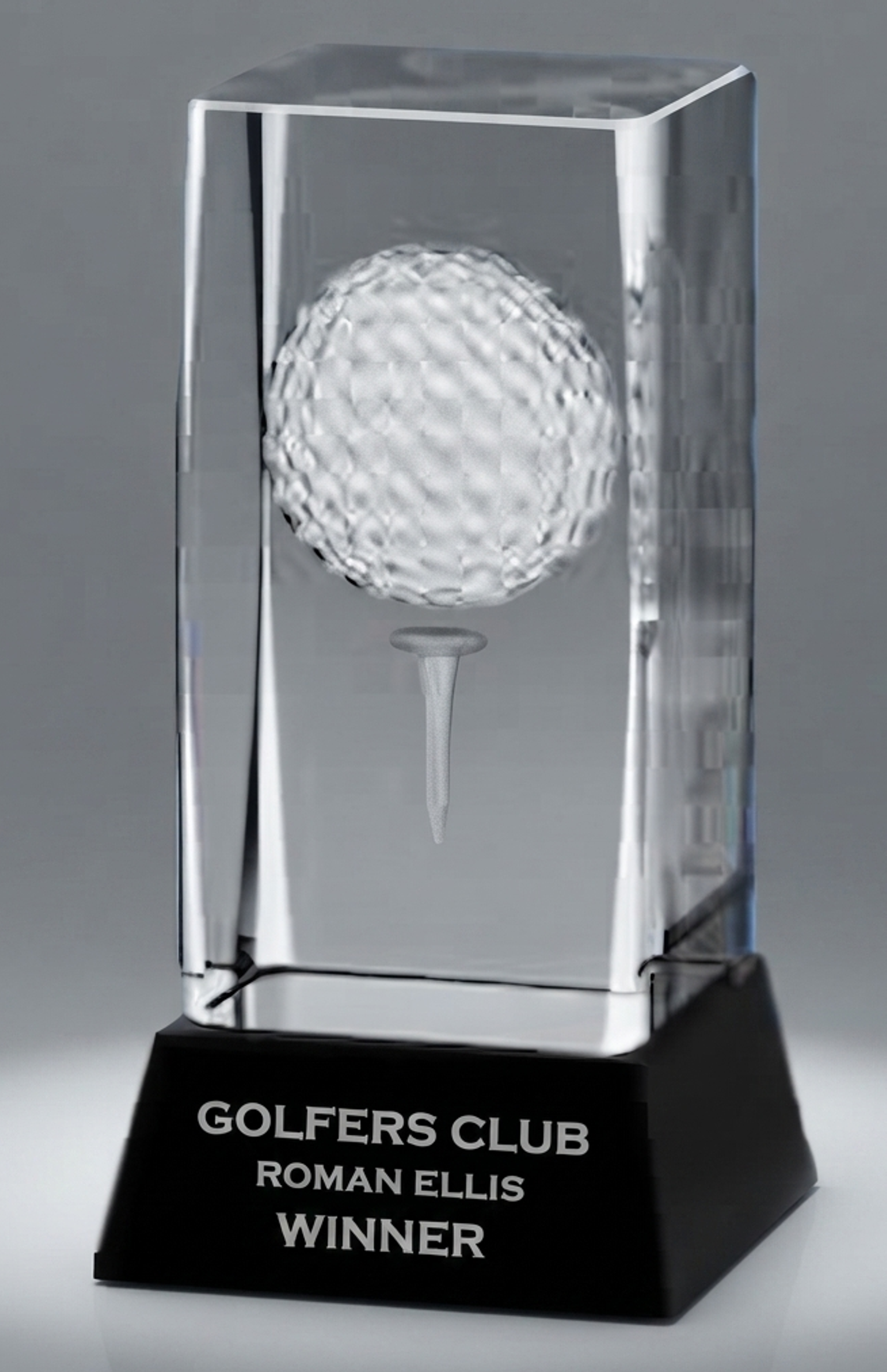 Crystal golf award featuring a golf-ball motif suitable for personalized tournament recognition