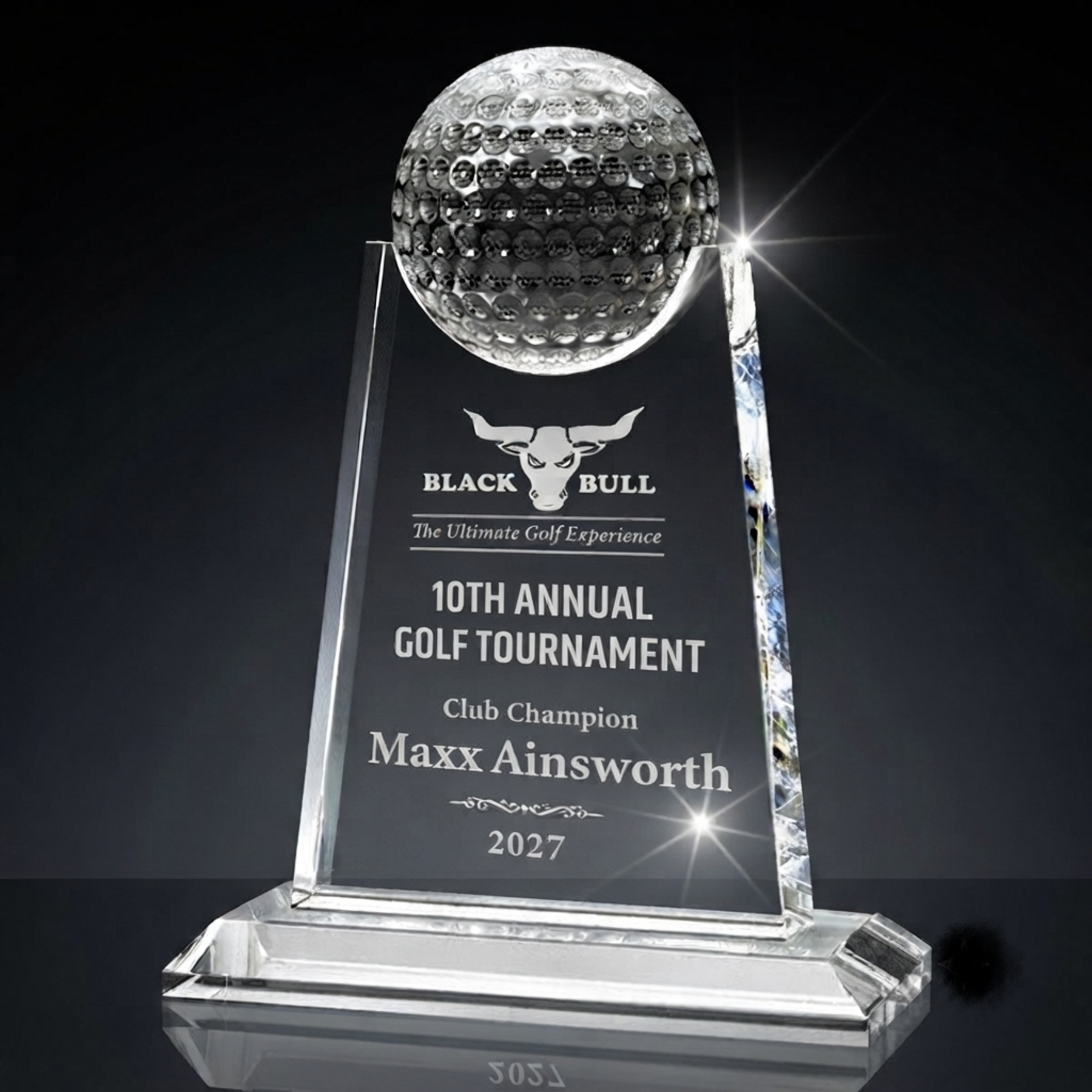 Crystal golf award representing engraving and personalization